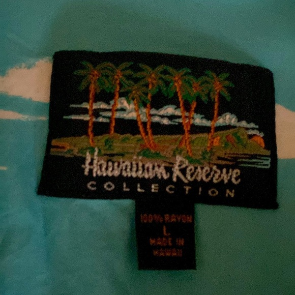 Hawaiian Reserve Collection Aloha Shirt Mens L woody cars surfboards Palms Beach - Picture 7 of 10
